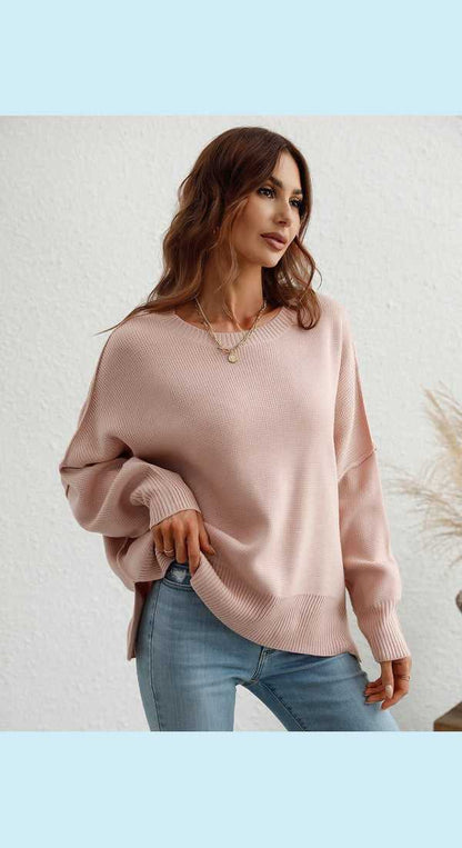 Exposed Seam Dropped Shoulder Slit Sweater