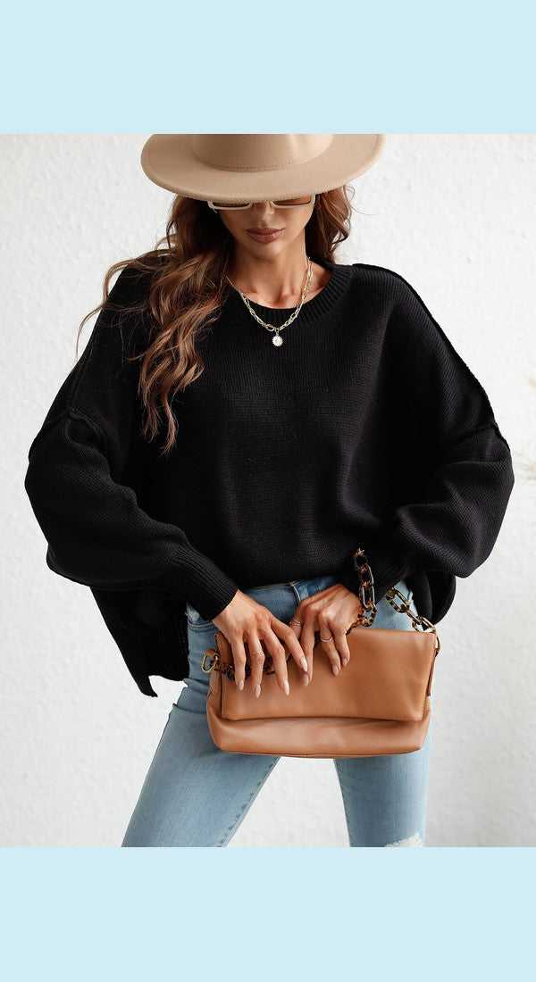 Exposed Seam Dropped Shoulder Slit Sweater