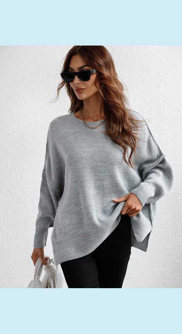 Exposed Seam Dropped Shoulder Slit Sweater