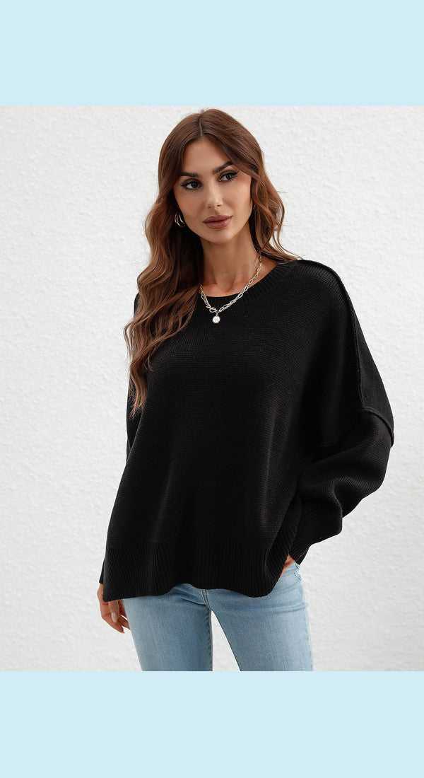 Exposed Seam Dropped Shoulder Slit Sweater
