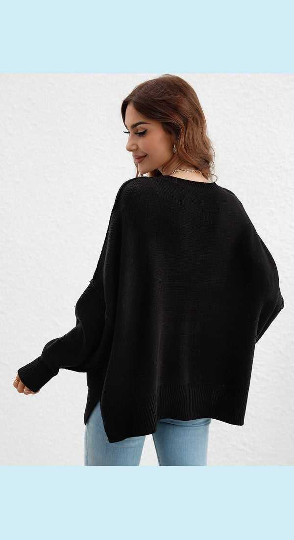 Exposed Seam Dropped Shoulder Slit Sweater