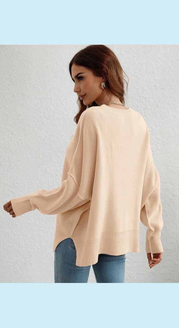 Exposed Seam Dropped Shoulder Slit Sweater
