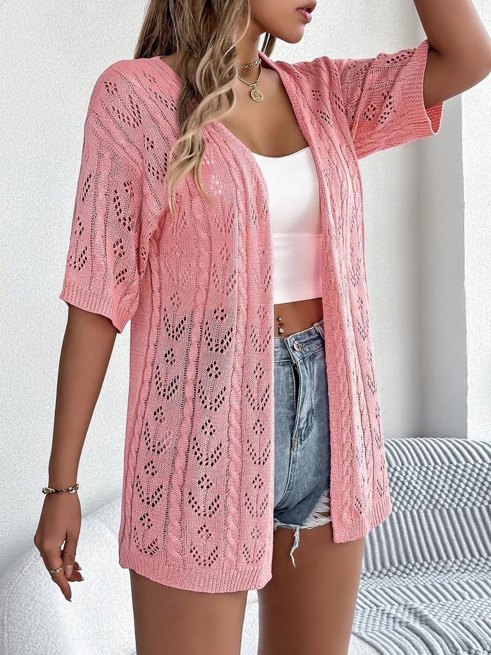 Openwork Open Front Half Sleeve Cardigan – Tan, White & Pink