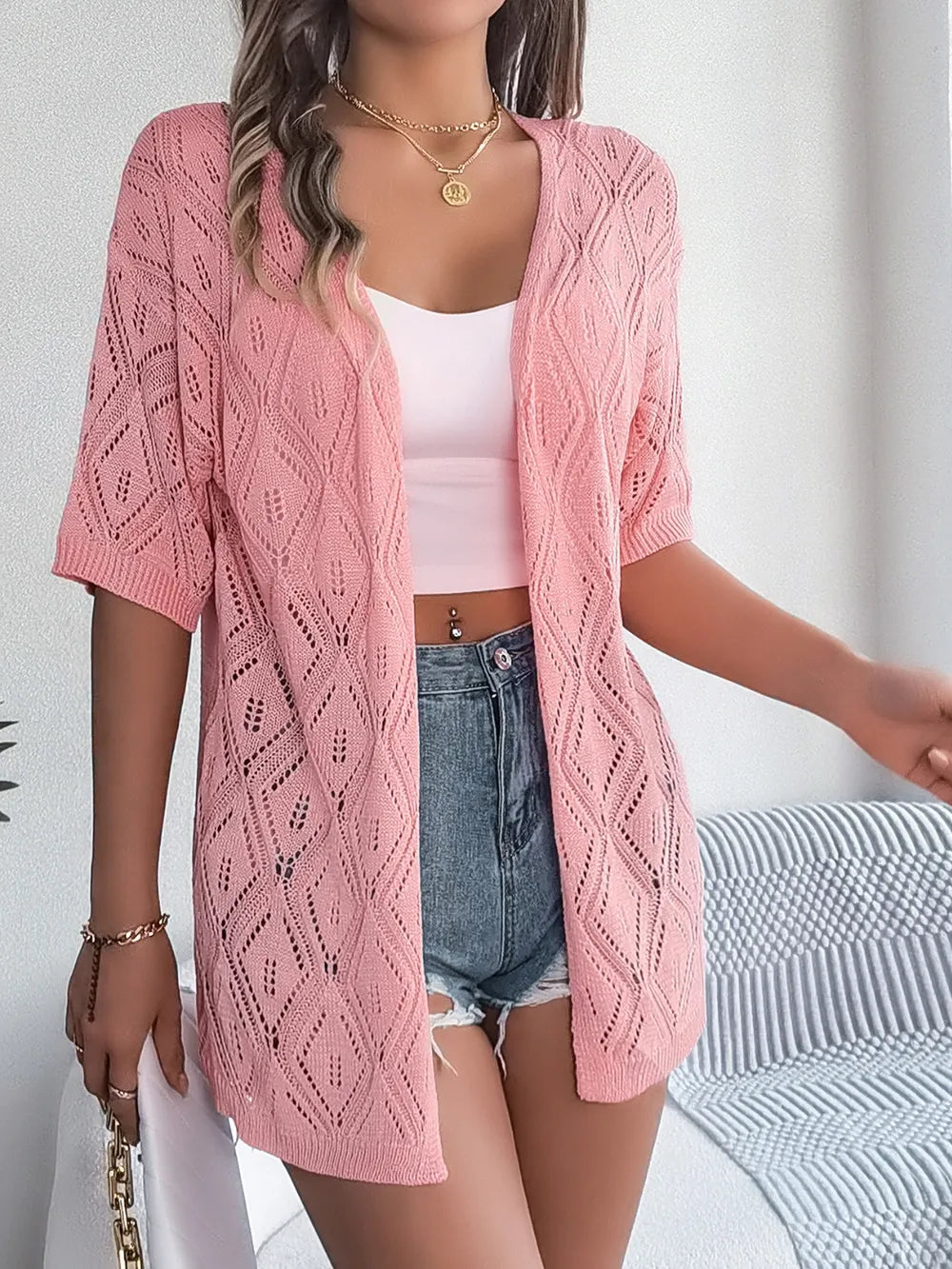 Openwork Open Front Half Sleeve Cardigan – White, Khaki & Blush Pink