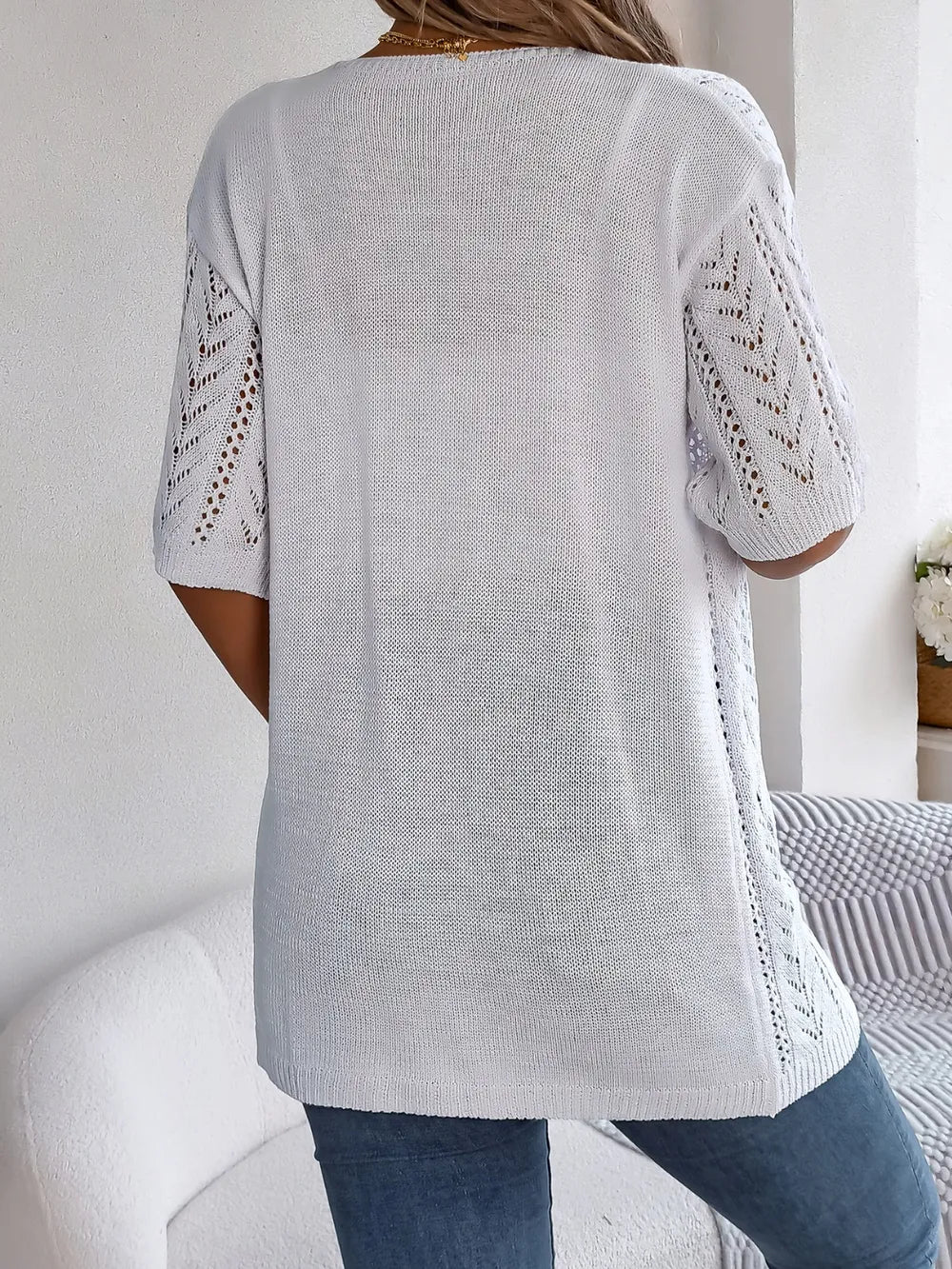Openwork Open Front Half Sleeve Cardigan – White, Tan & Burnt Coral