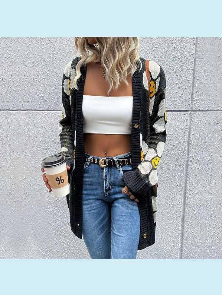 Floral Button Down Longline Cardigan -- 