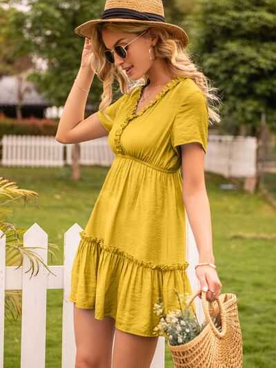 Frill V-Neck Short Sleeve Ruffle Hem Dress