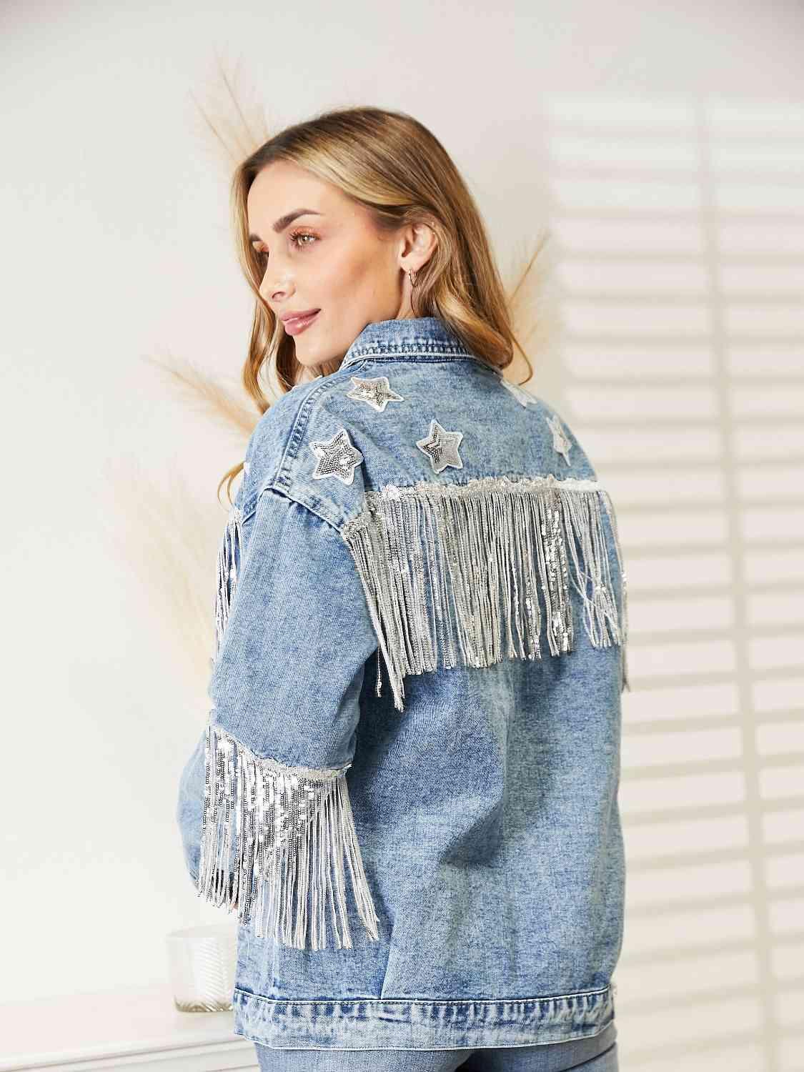 Fringe Detail Long Sleeve Denim Jacket -- 