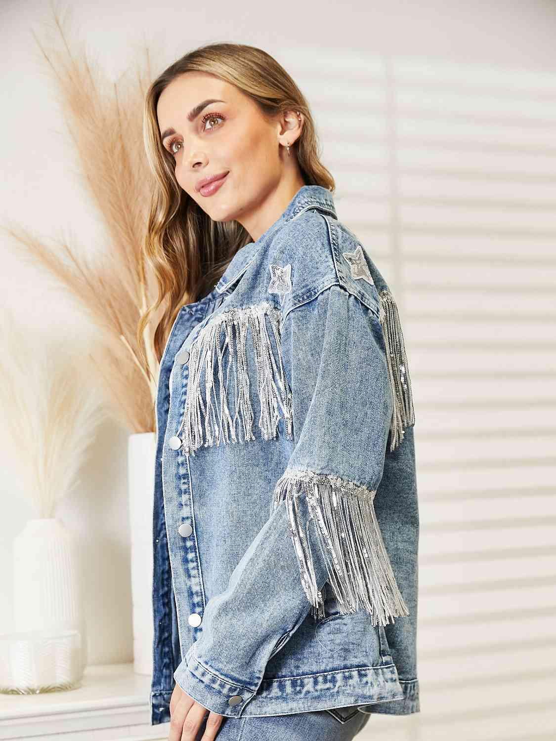 Fringe Detail Long Sleeve Denim Jacket -- 