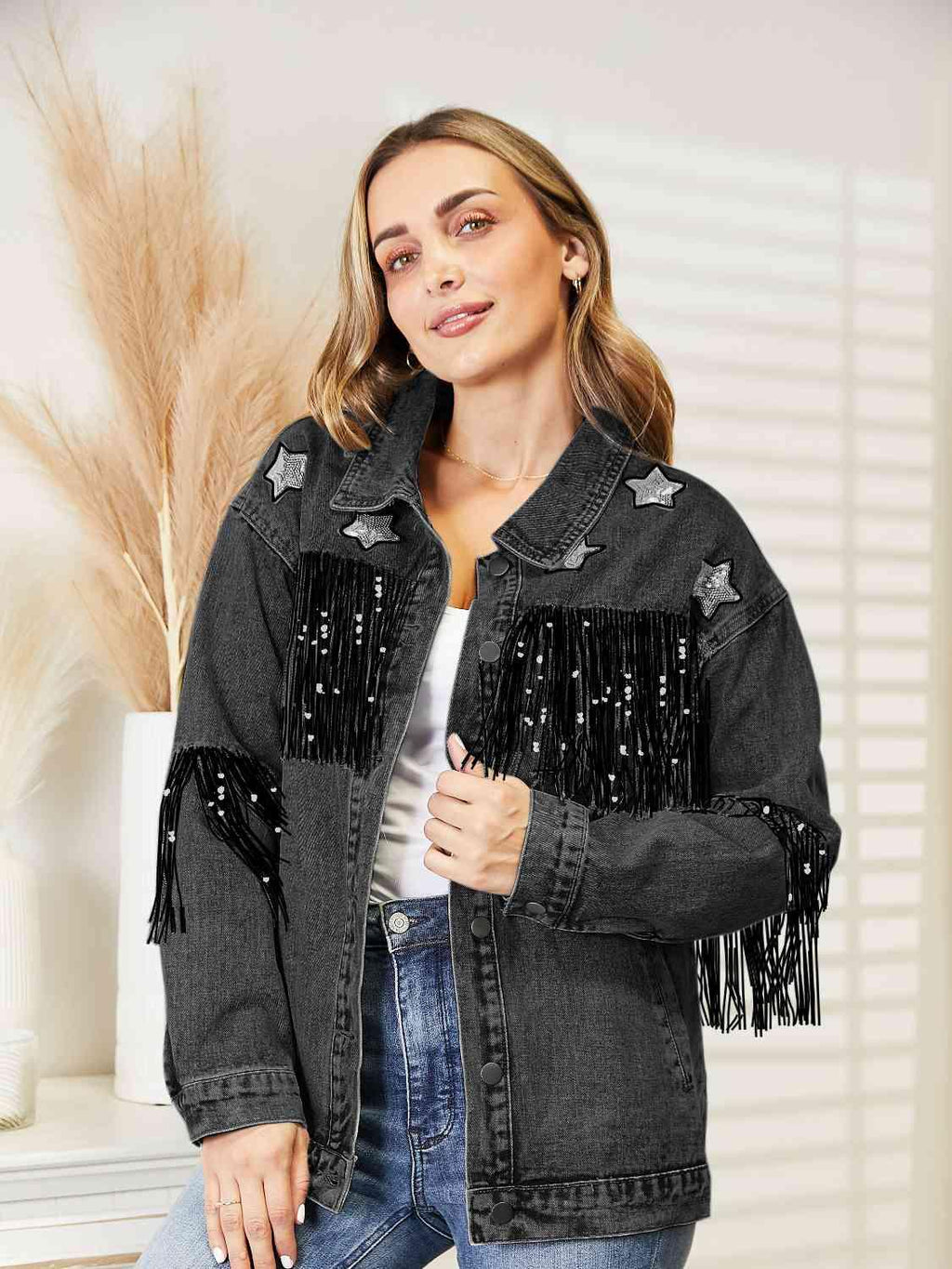 Fringe Detail Long Sleeve Denim Jacket -- 
