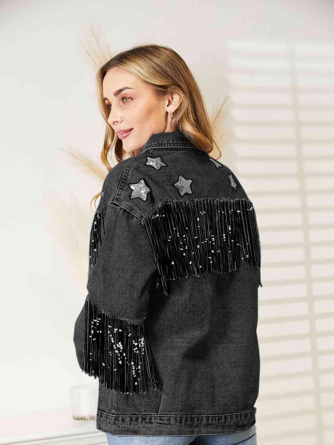 Fringe Detail Long Sleeve Denim Jacket -- 