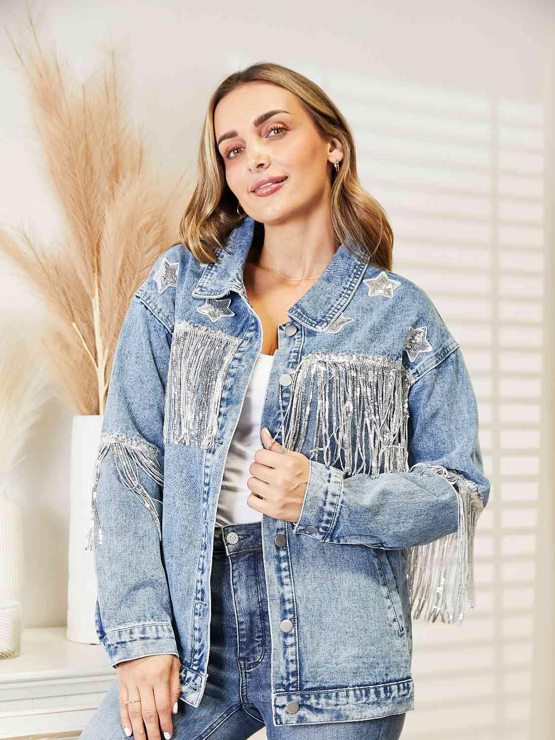 Fringe Detail Long Sleeve Denim Jacket -- 