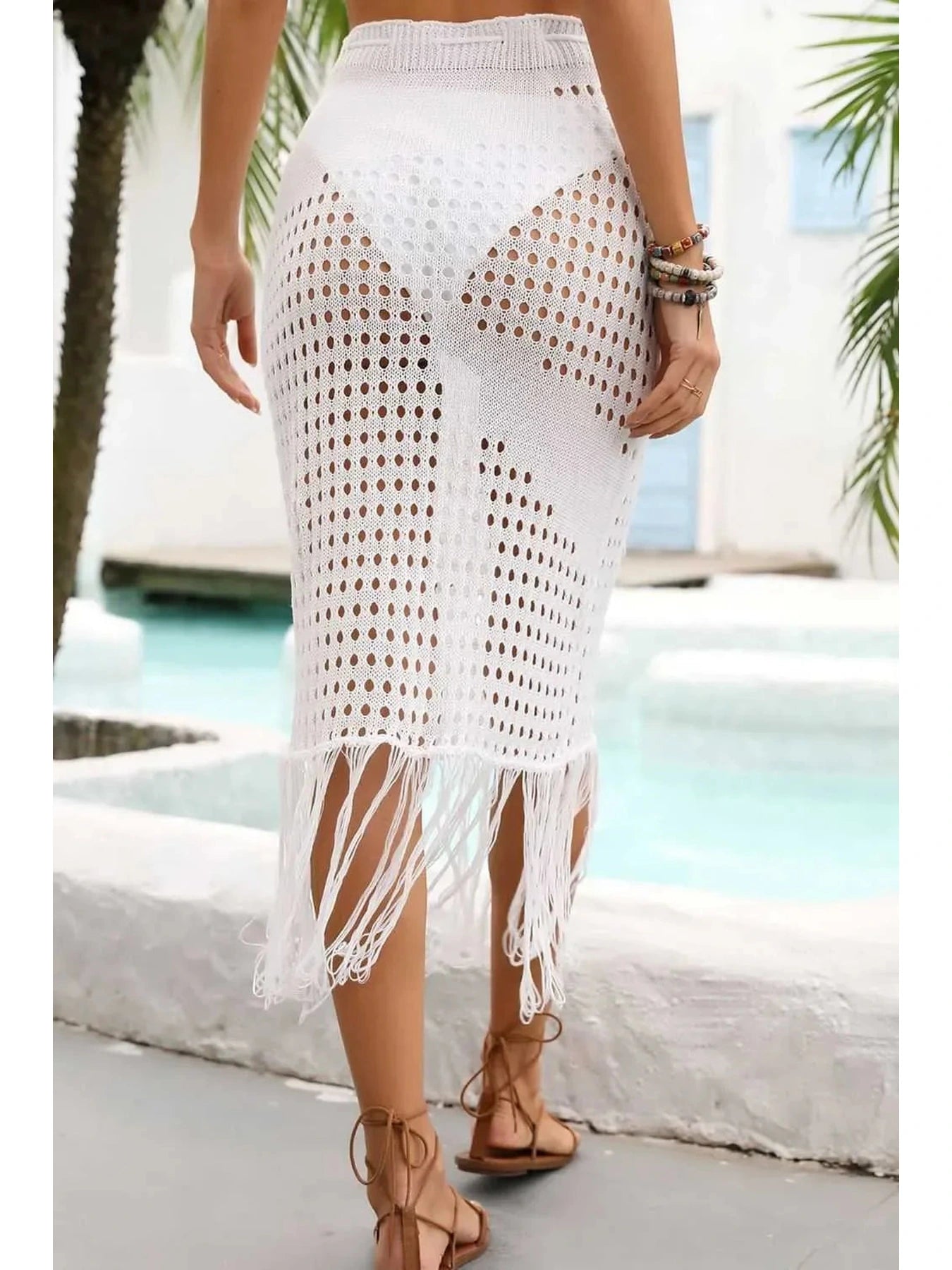 Fringe Hem Drawstring Waist Openwork Skirt -- 