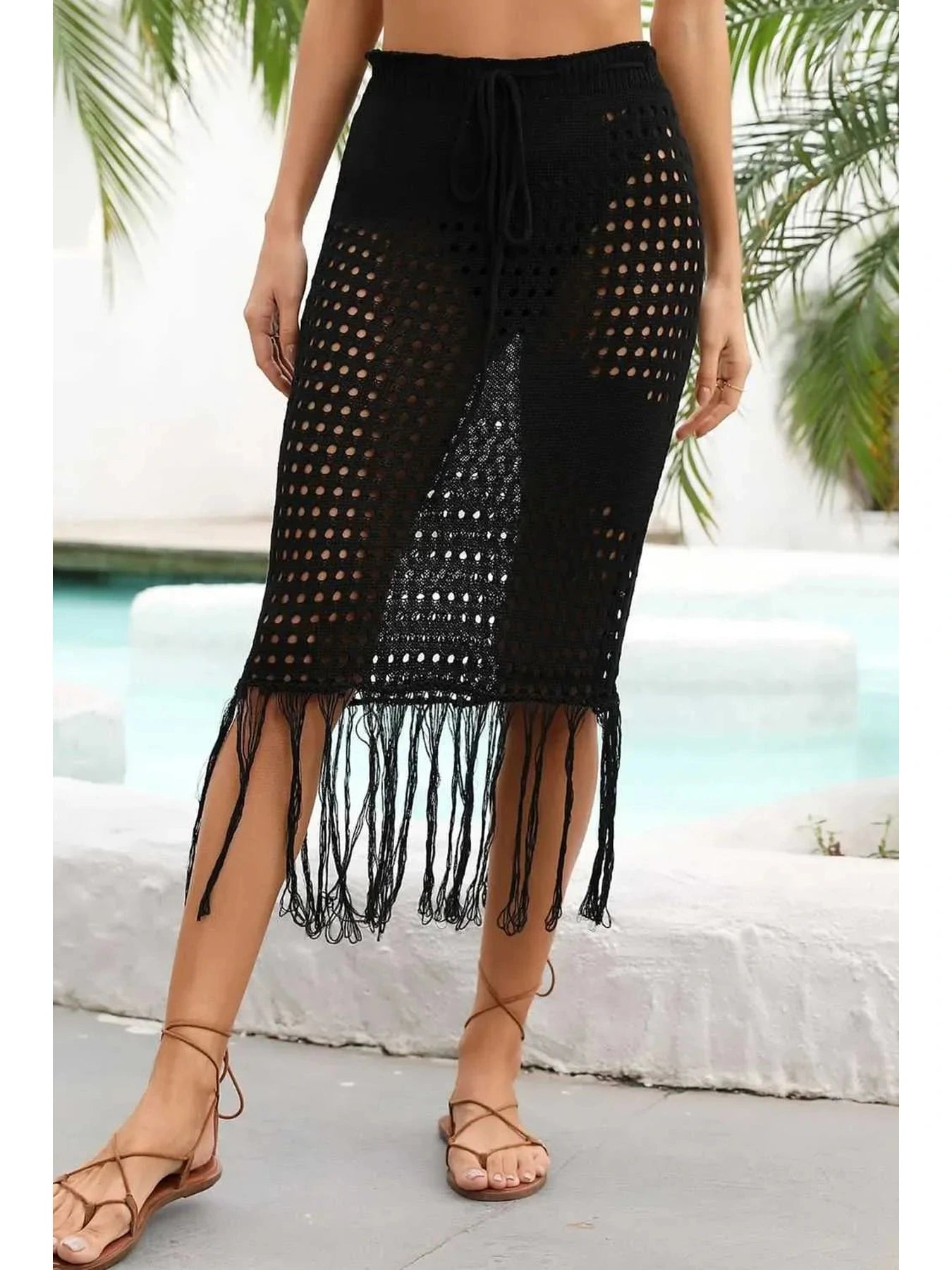 Fringe Hem Drawstring Waist Openwork Skirt -- 