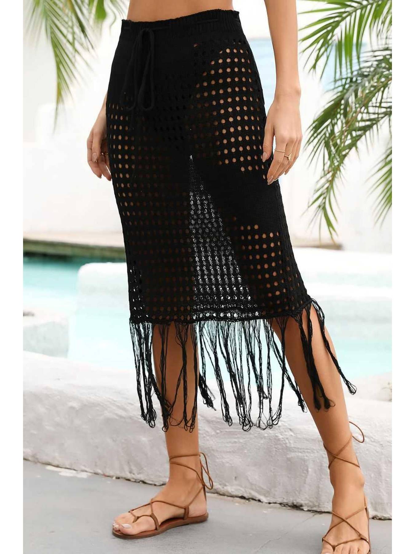 Fringe Hem Drawstring Waist Openwork Skirt -- 