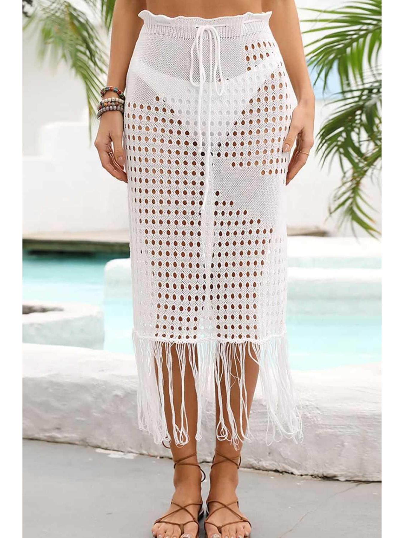 Fringe Hem Drawstring Waist Openwork Skirt -- 