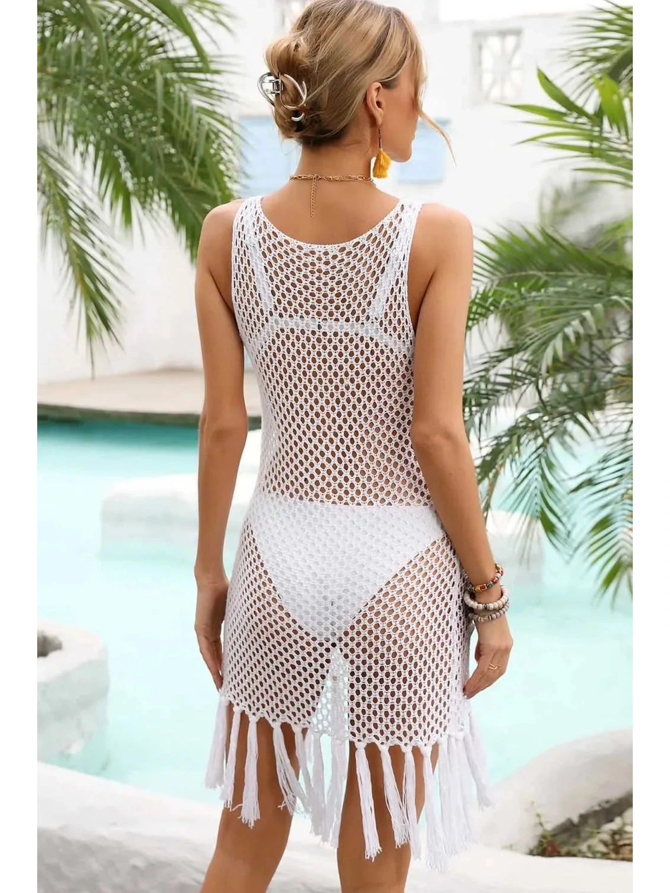 Fringe Hem Openwork Sleeveless Cover-Up Dress -- 