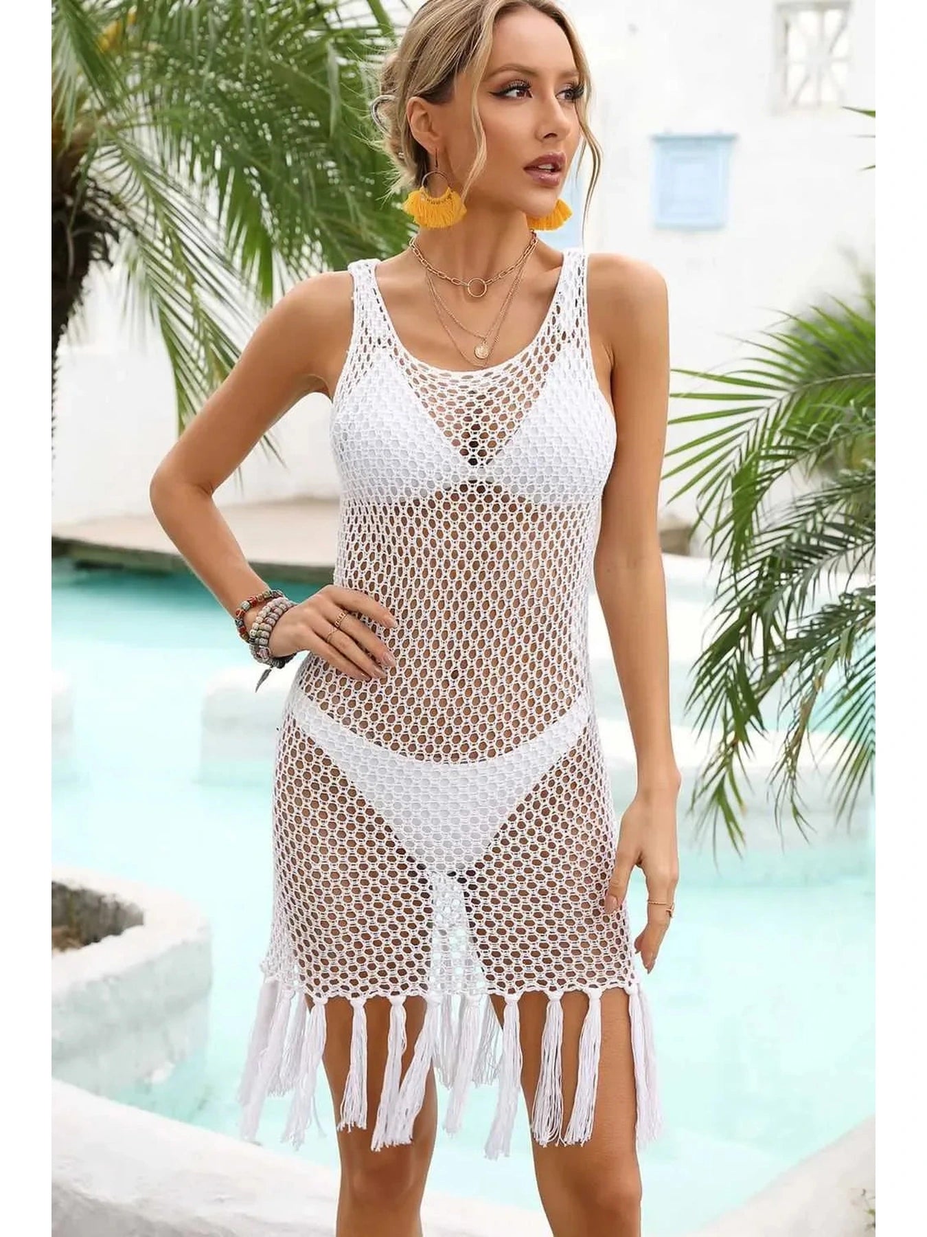 Fringe Hem Openwork Sleeveless Cover-Up Dress -- 