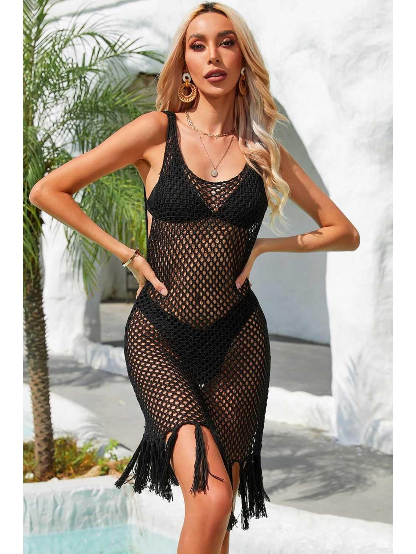 Fringe Hem Openwork Sleeveless Cover-Up Dress -- 