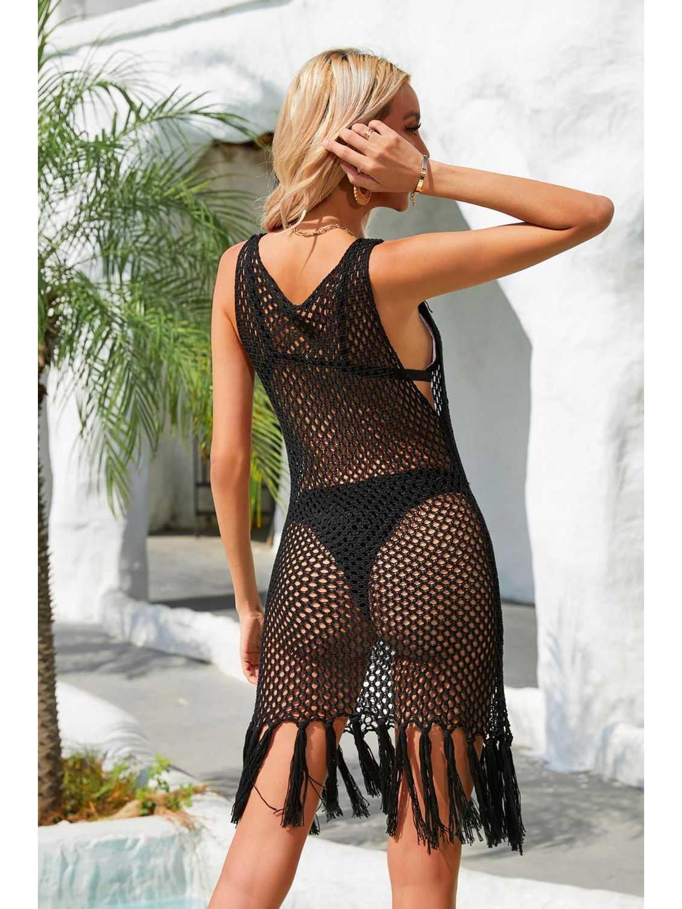 Fringe Hem Openwork Sleeveless Cover-Up Dress -- 