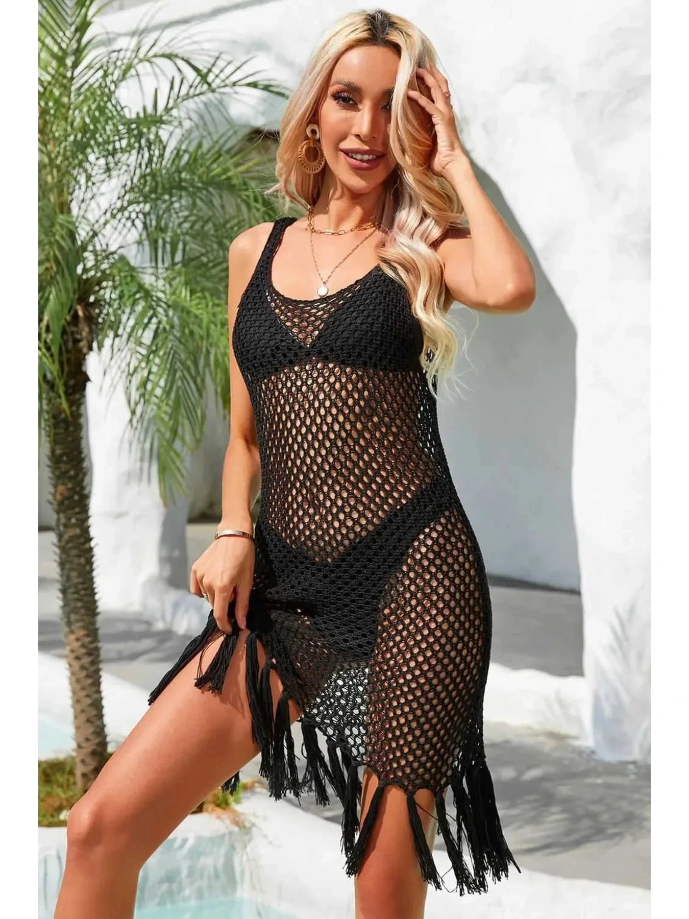 Fringe Hem Openwork Sleeveless Cover-Up Dress -- 