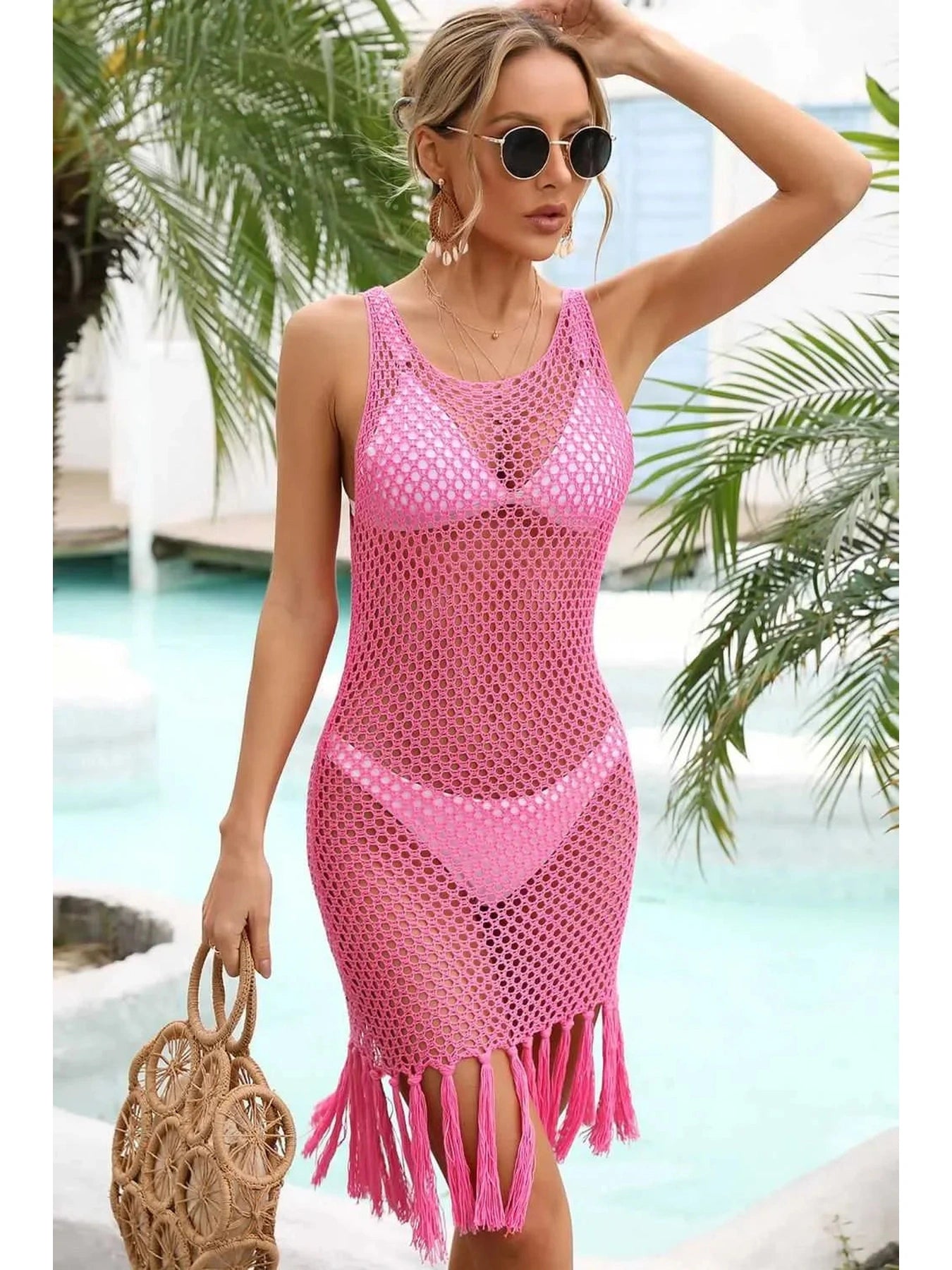 Fringe Hem Openwork Sleeveless Cover-Up Dress -- 