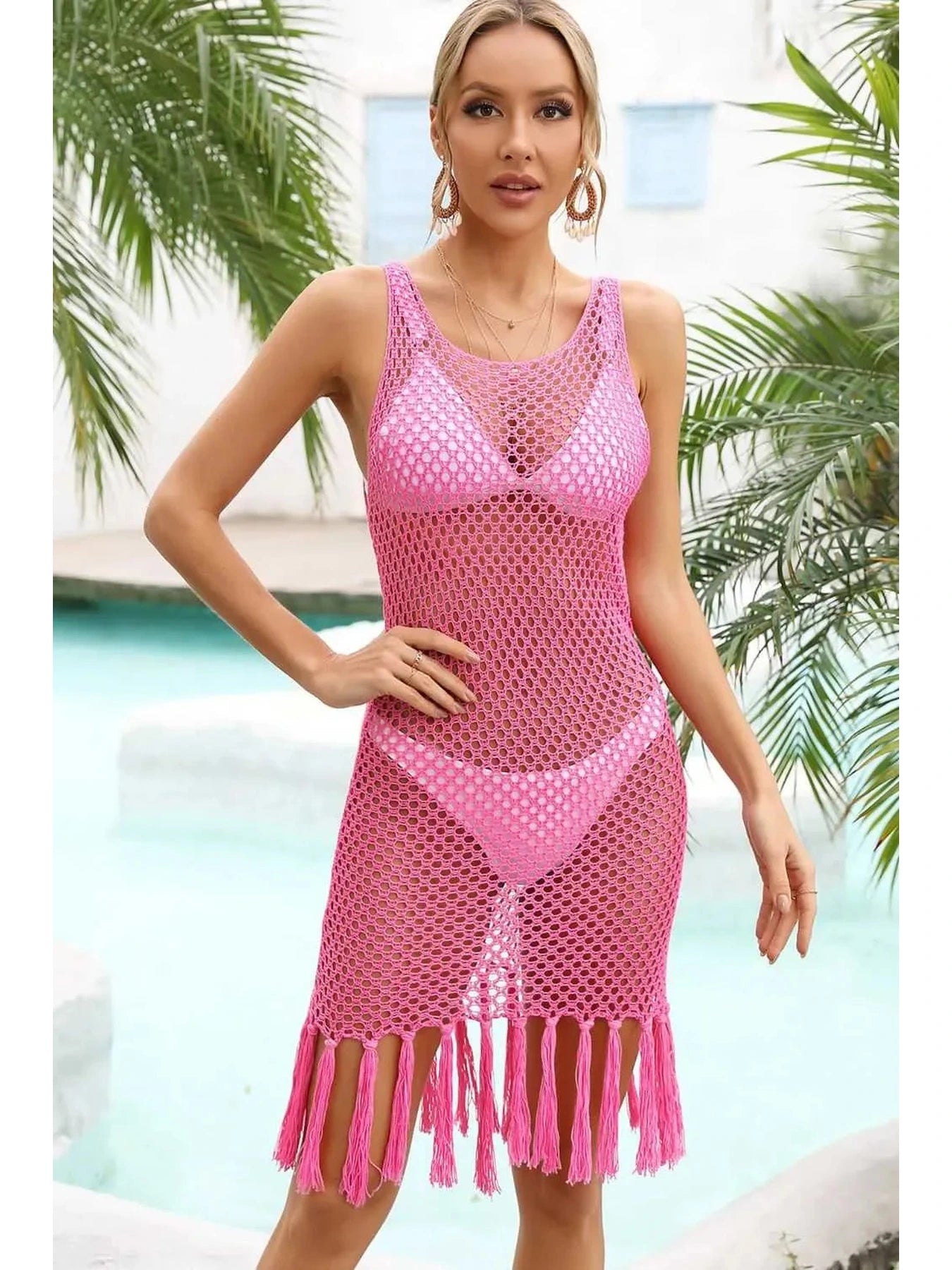 Fringe Hem Openwork Sleeveless Cover-Up Dress -- 