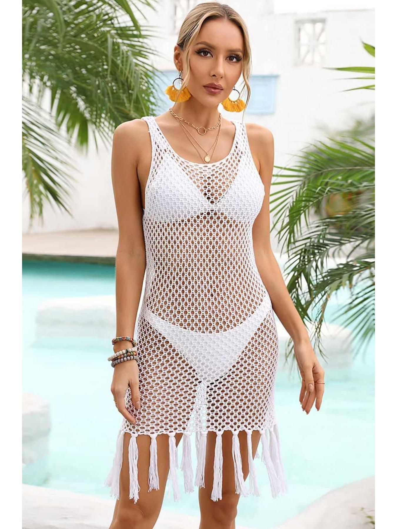 Fringe Hem Openwork Sleeveless Cover-Up Dress -- 