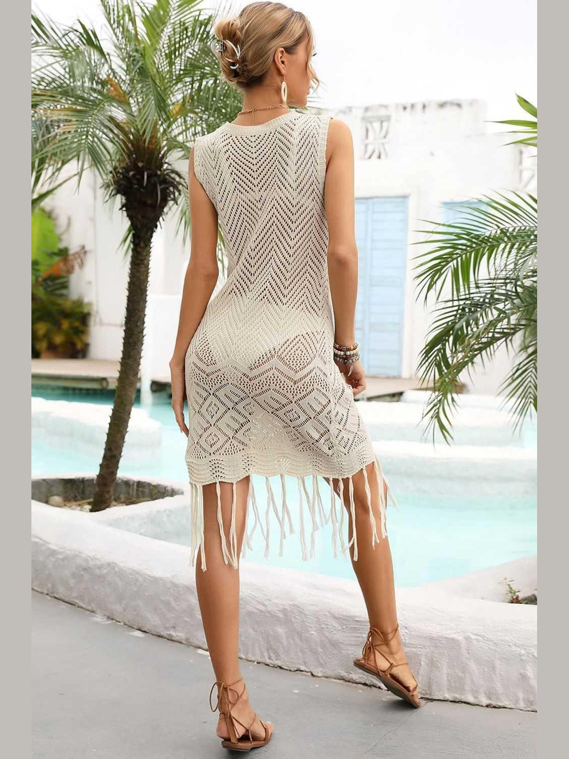 Fringe Trim Sleeveless Openwork Cover-Up Dress -- 