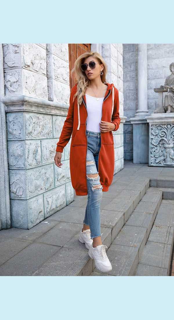 Full Size Zip-Up Longline Hoodie with Pockets -- 