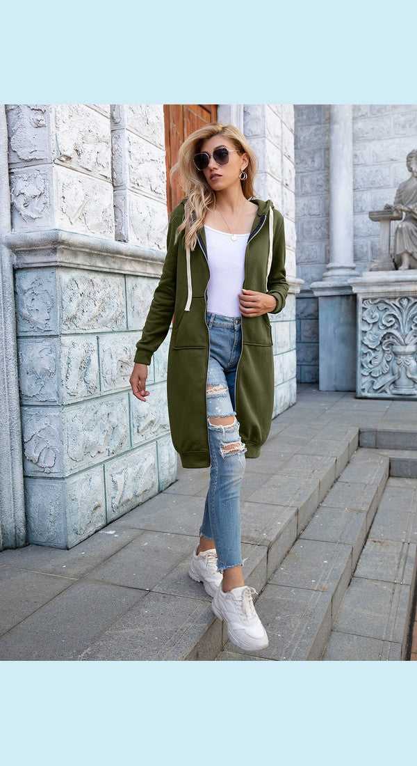 Full Size Zip-Up Longline Hoodie with Pockets