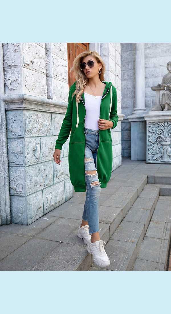 Full Size Zip-Up Longline Hoodie with Pockets -- 