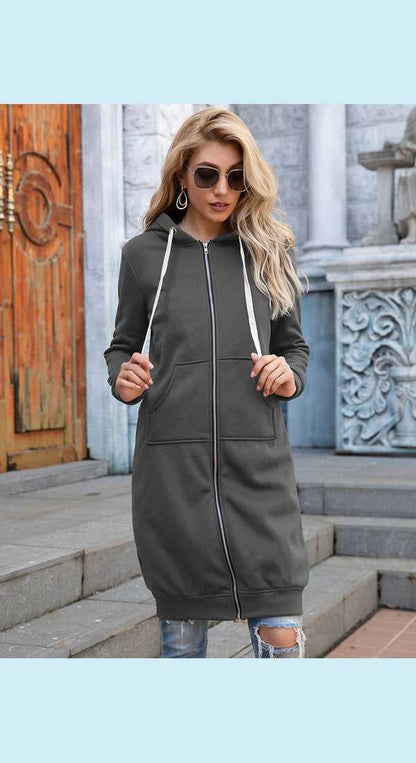 Full Size Zip-Up Longline Hoodie with Pockets
