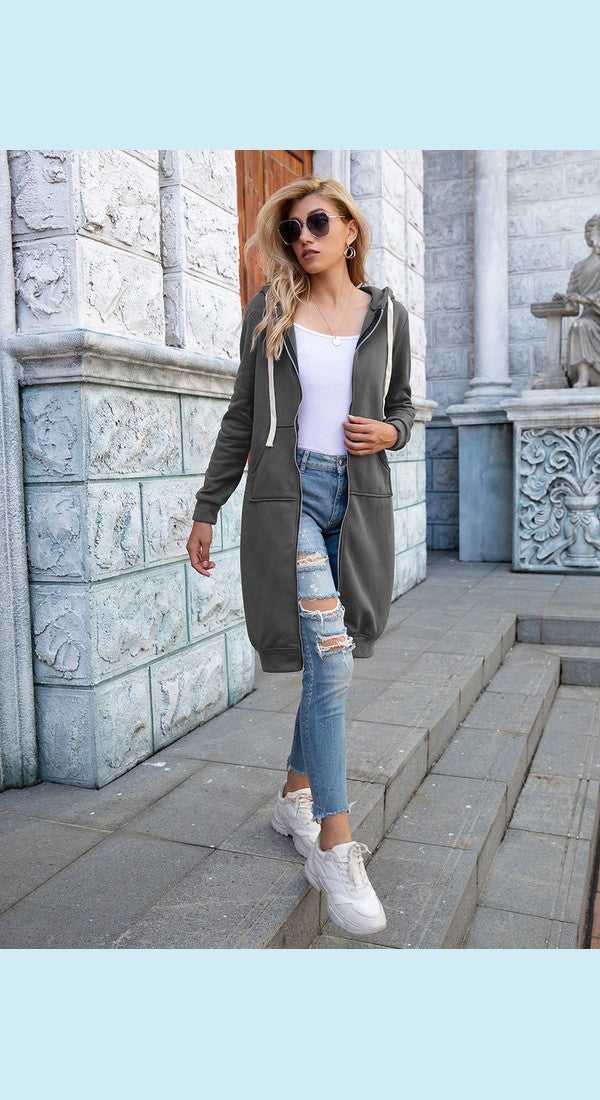 Full Size Zip-Up Longline Hoodie with Pockets
