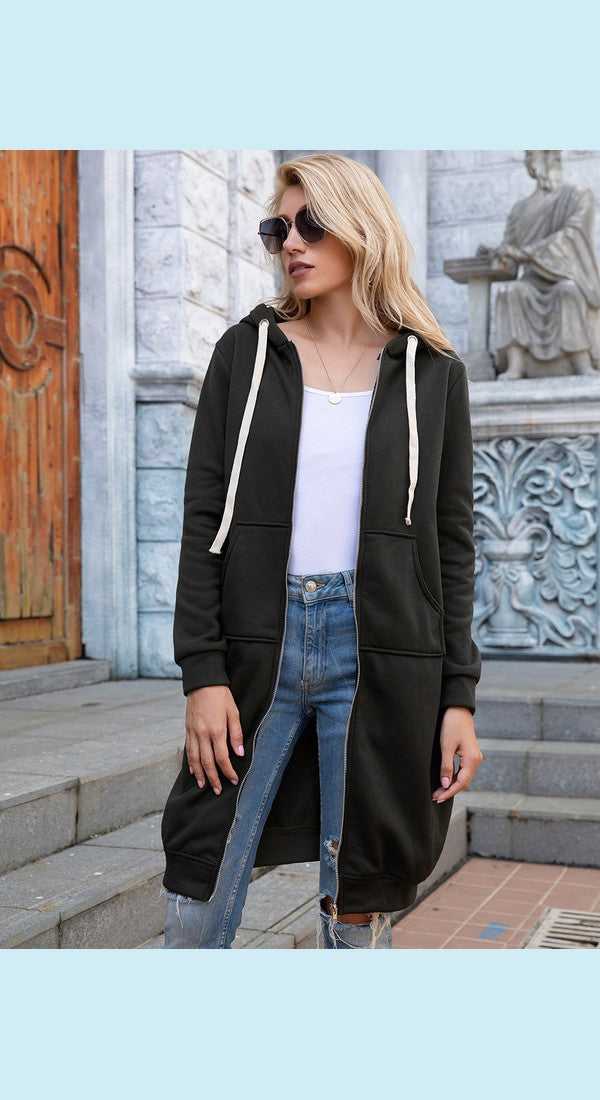 Full Size Zip-Up Longline Hoodie with Pockets