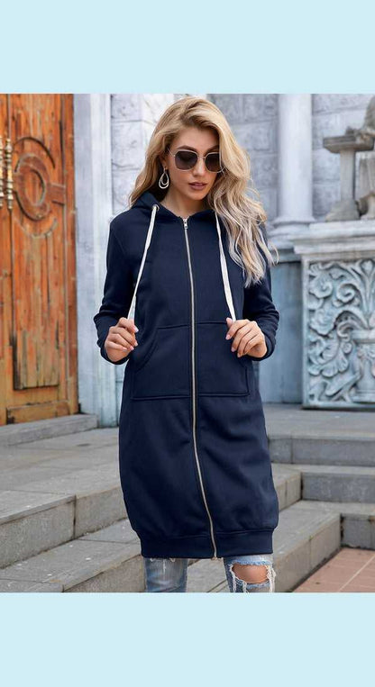 Full Size Zip-Up Longline Hoodie with Pockets