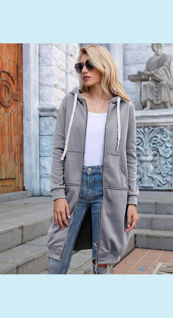 Full Size Zip-Up Longline Hoodie with Pockets -- 