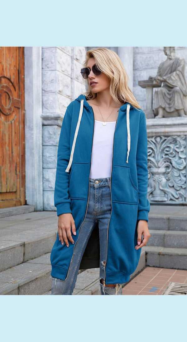 Full Size Zip-Up Longline Hoodie with Pockets -- 