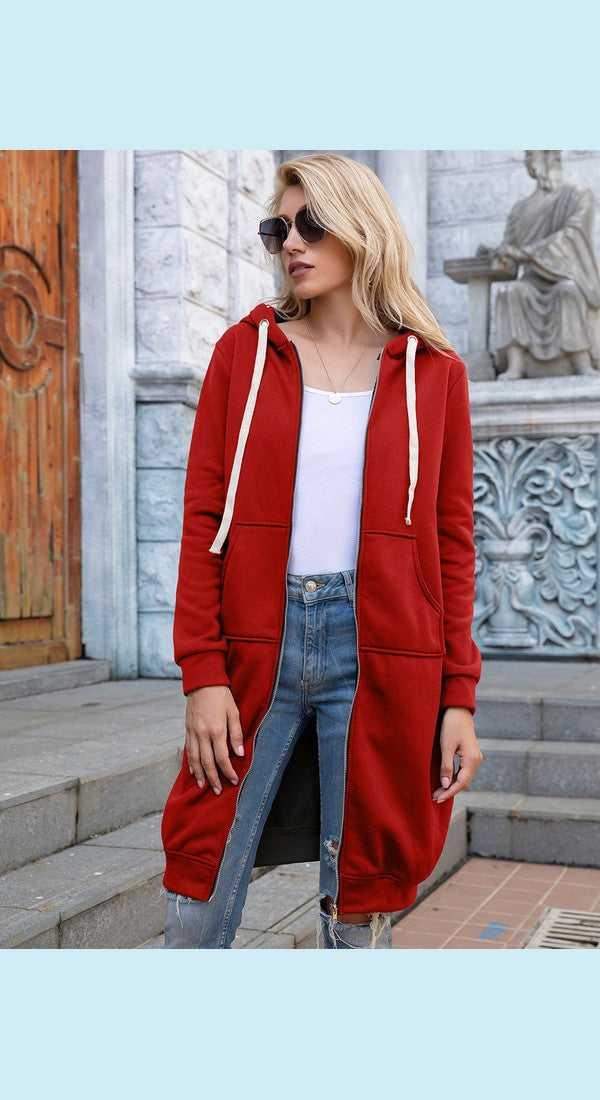 Full Size Zip-Up Longline Hoodie with Pockets -- 