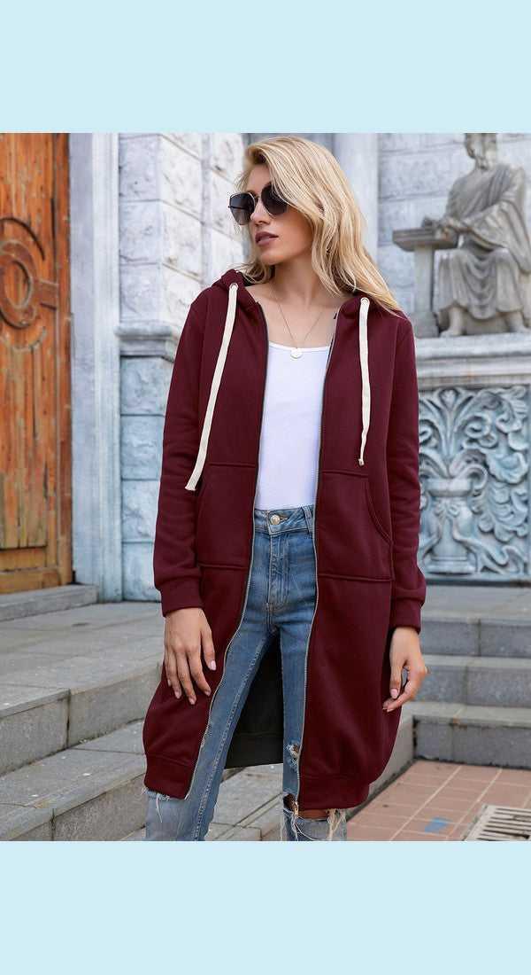 Full Size Zip-Up Longline Hoodie with Pockets -- 