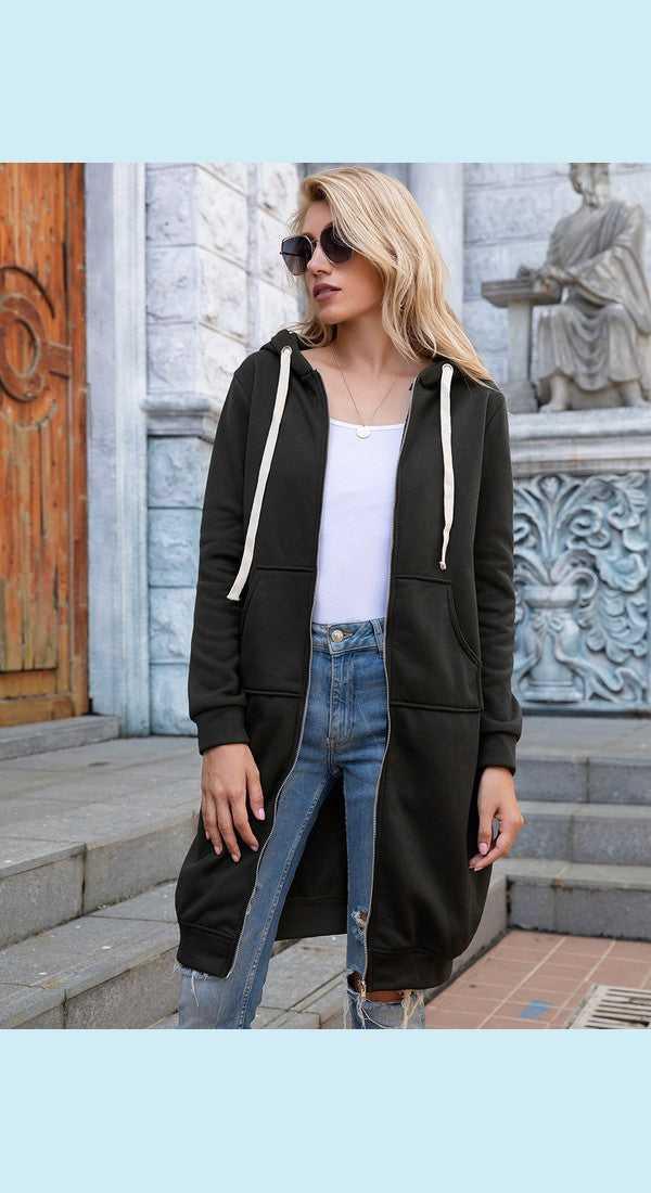 Full Size Zip-Up Longline Hoodie with Pockets -- 