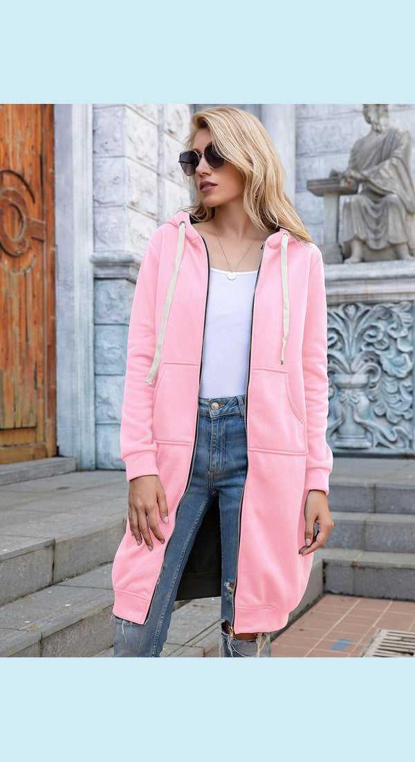 Full Size Zip-Up Longline Hoodie with Pockets -- 