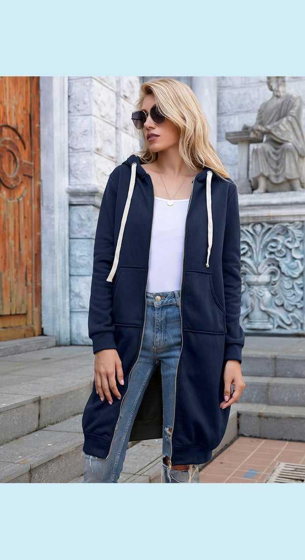 Full Size Zip-Up Longline Hoodie with Pockets -- 