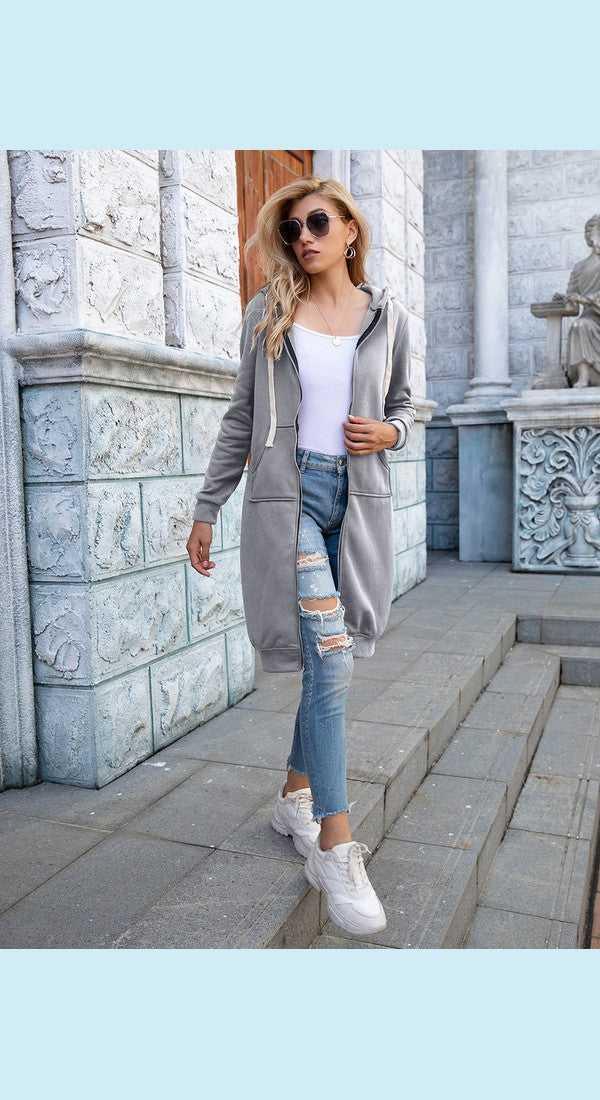 Full Size Zip-Up Longline Hoodie with Pockets -- 