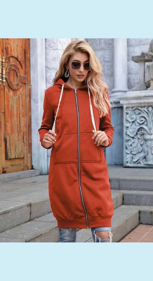 Full Size Zip-Up Longline Hoodie with Pockets -- 