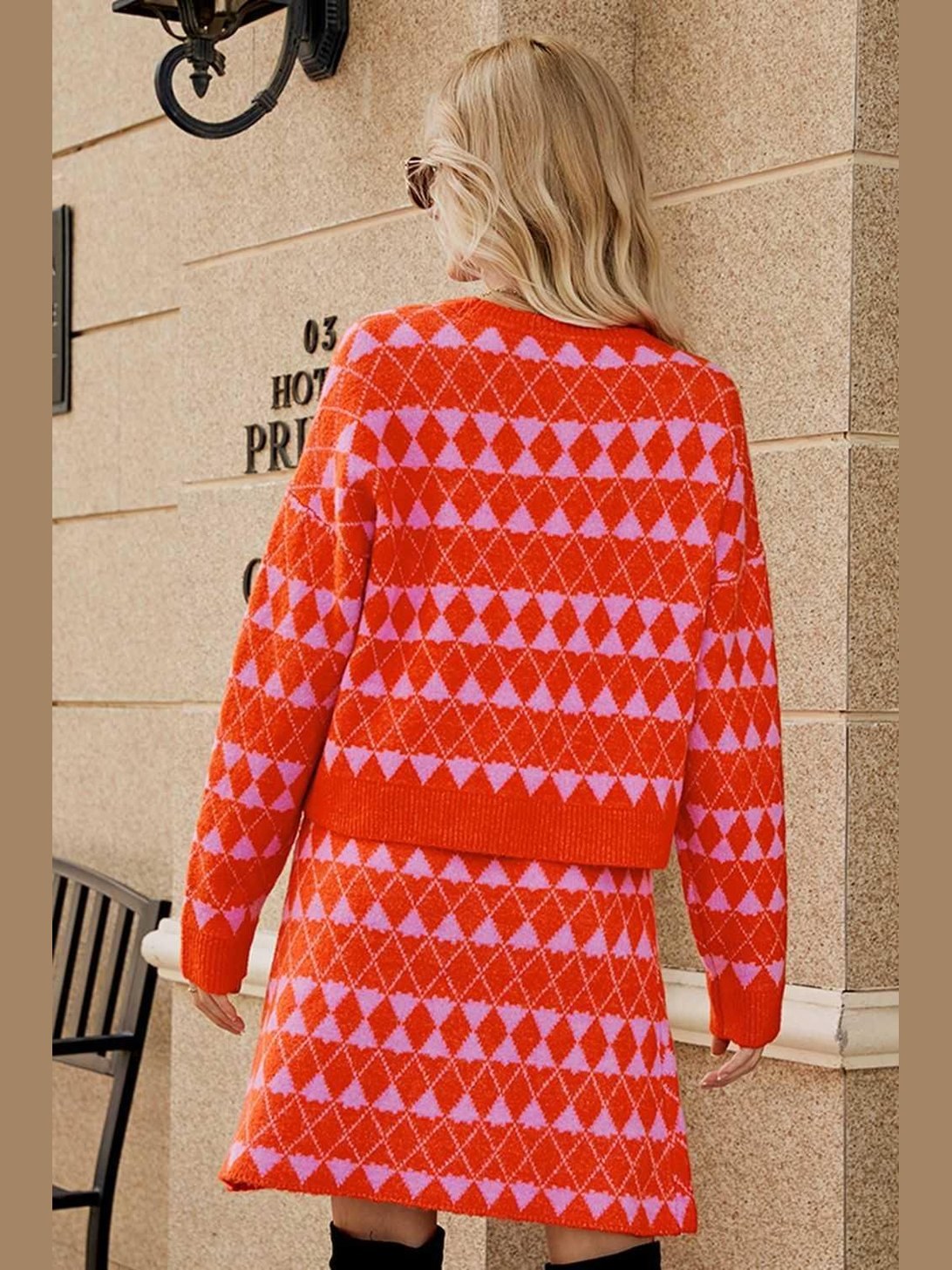 Geometric Dropped Shoulder Cardigan and Knit Skirt Set -- 