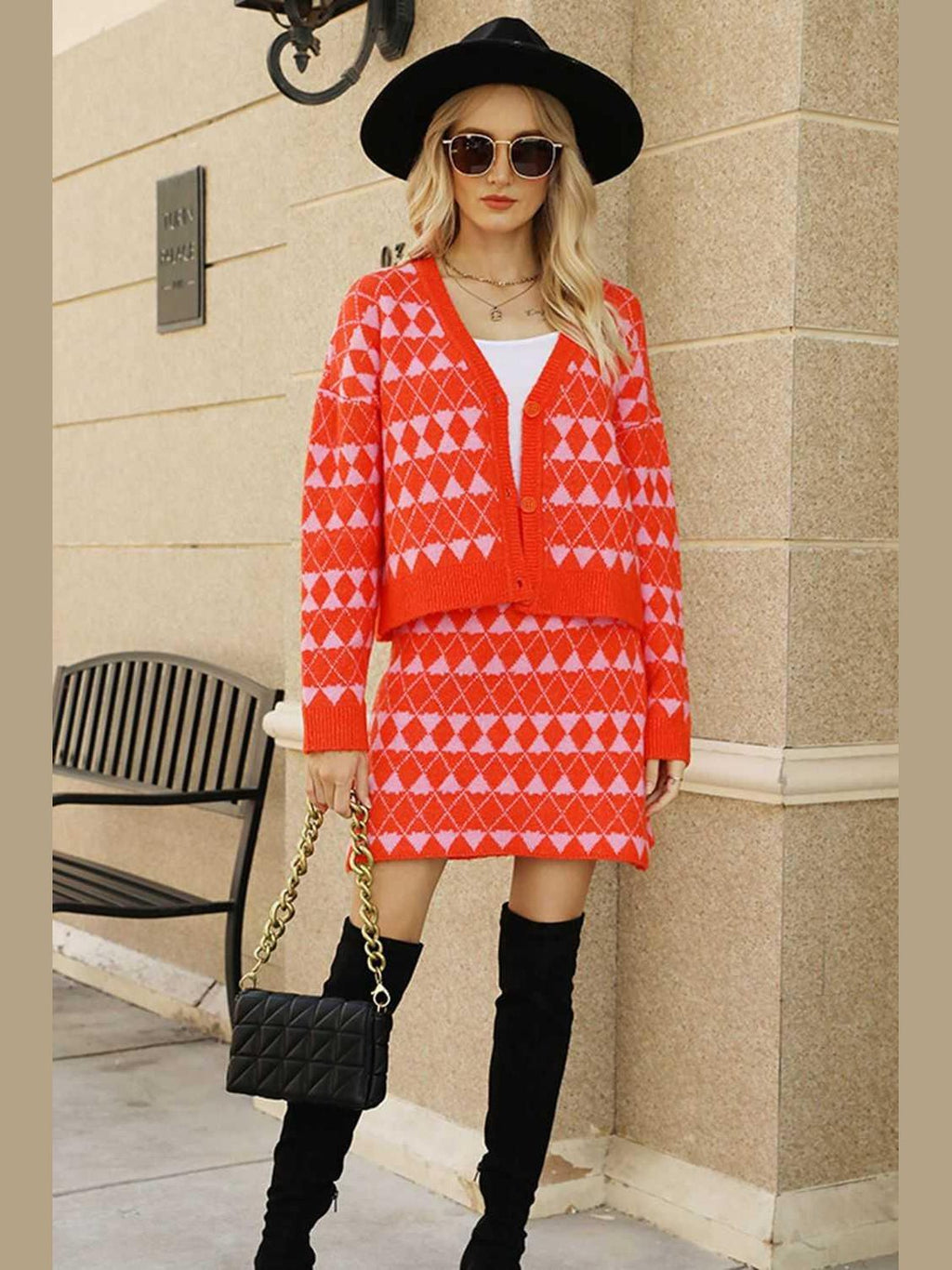Geometric Dropped Shoulder Cardigan and Knit Skirt Set -- 