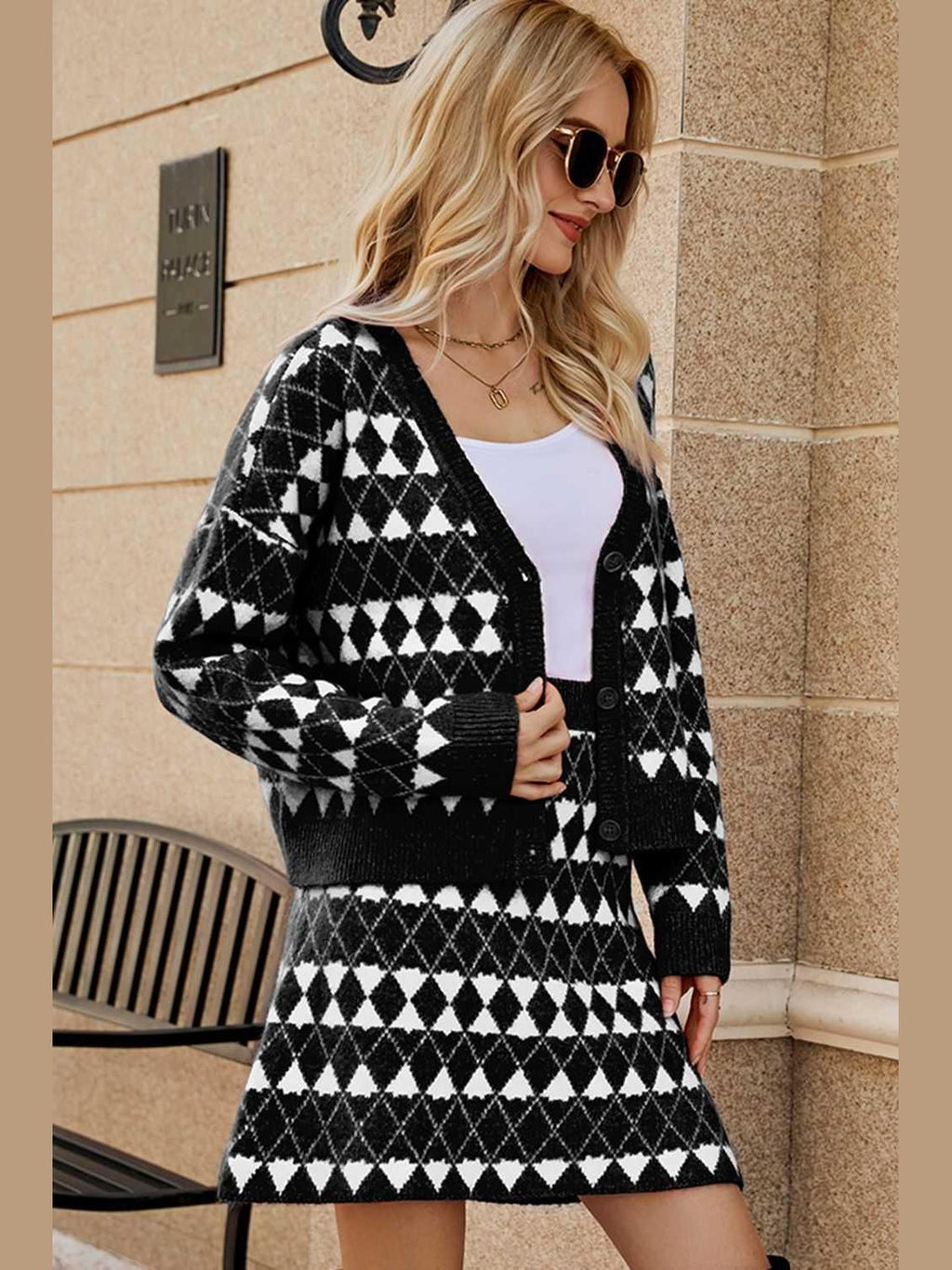 Geometric Dropped Shoulder Cardigan and Knit Skirt Set -- 
