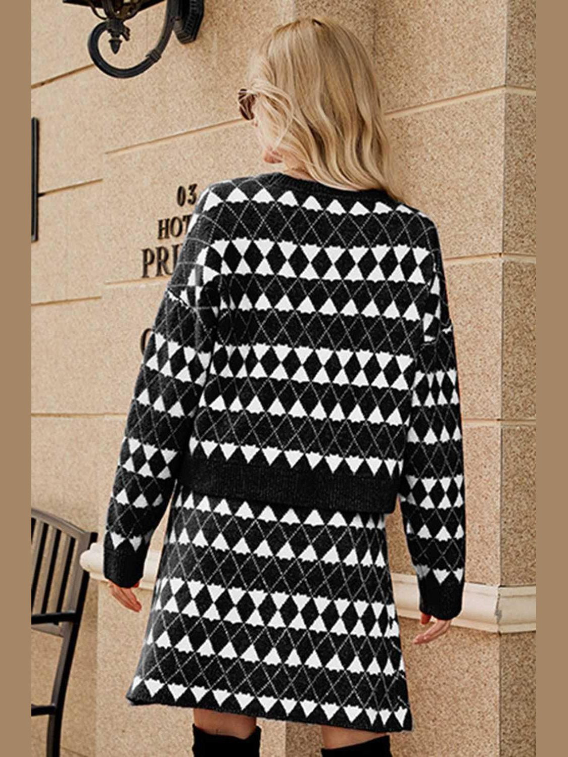 Geometric Dropped Shoulder Cardigan and Knit Skirt Set -- 
