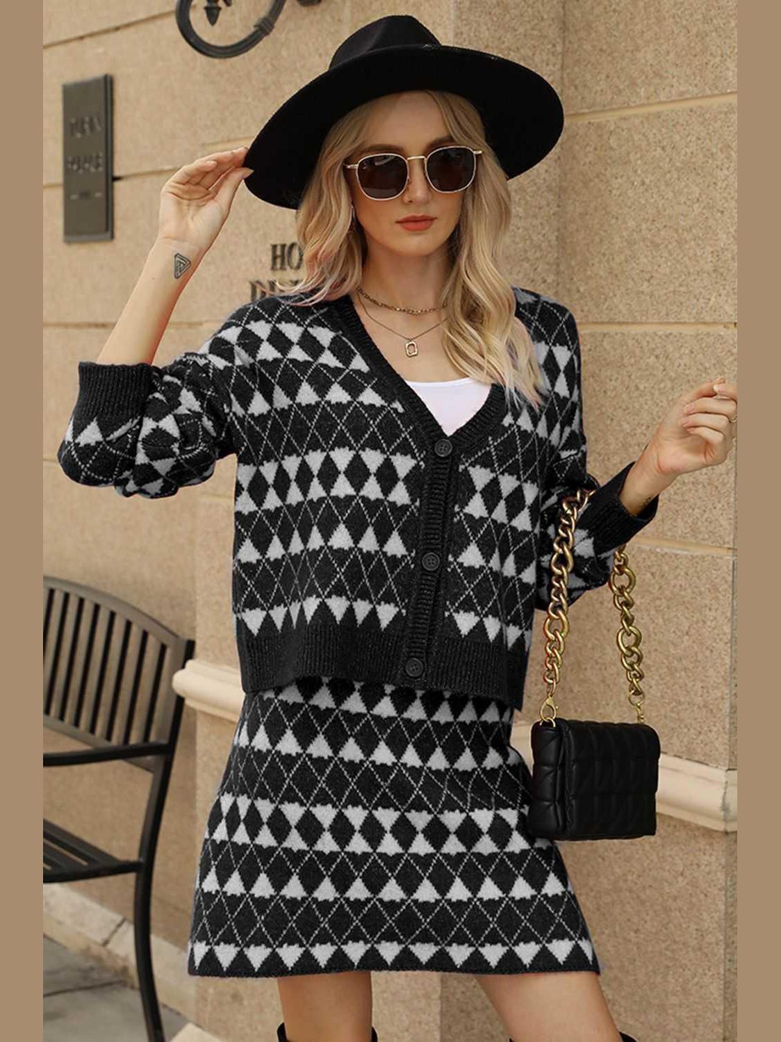 Geometric Dropped Shoulder Cardigan and Knit Skirt Set -- 